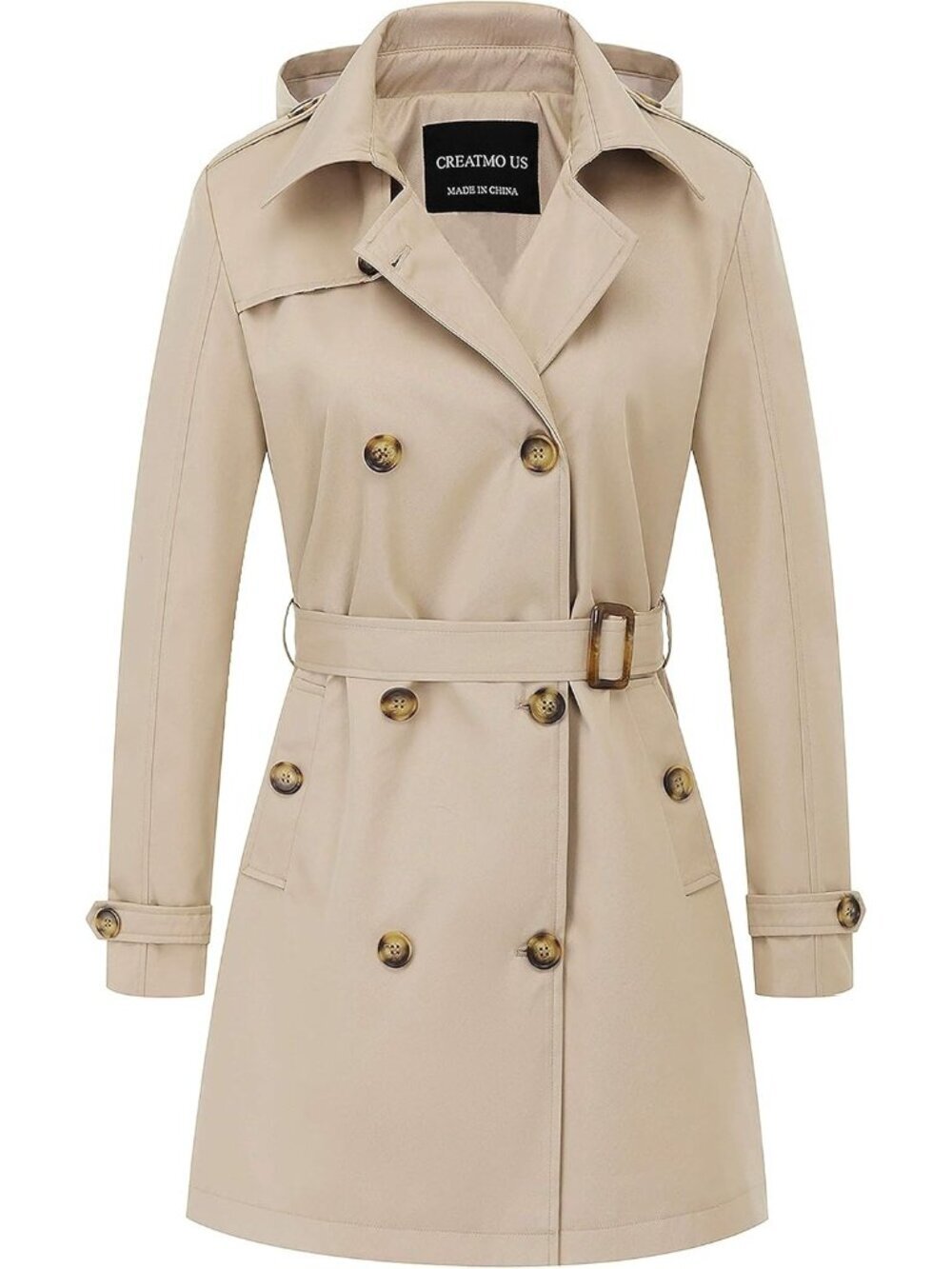 Women's Khaki Double Breasted Classic Lapel Slim Outerwear Belted Trench Coat